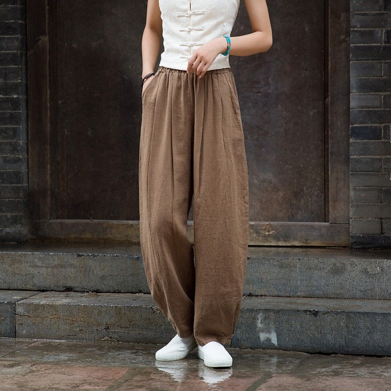 锛歐omen's Cotton And Linen Sand Washed Loose Lantern Pants
