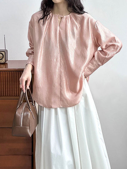 Long Sleeves Loose Hollow Shiny Solid Color Round-Neck Blouses&Shirts Tops