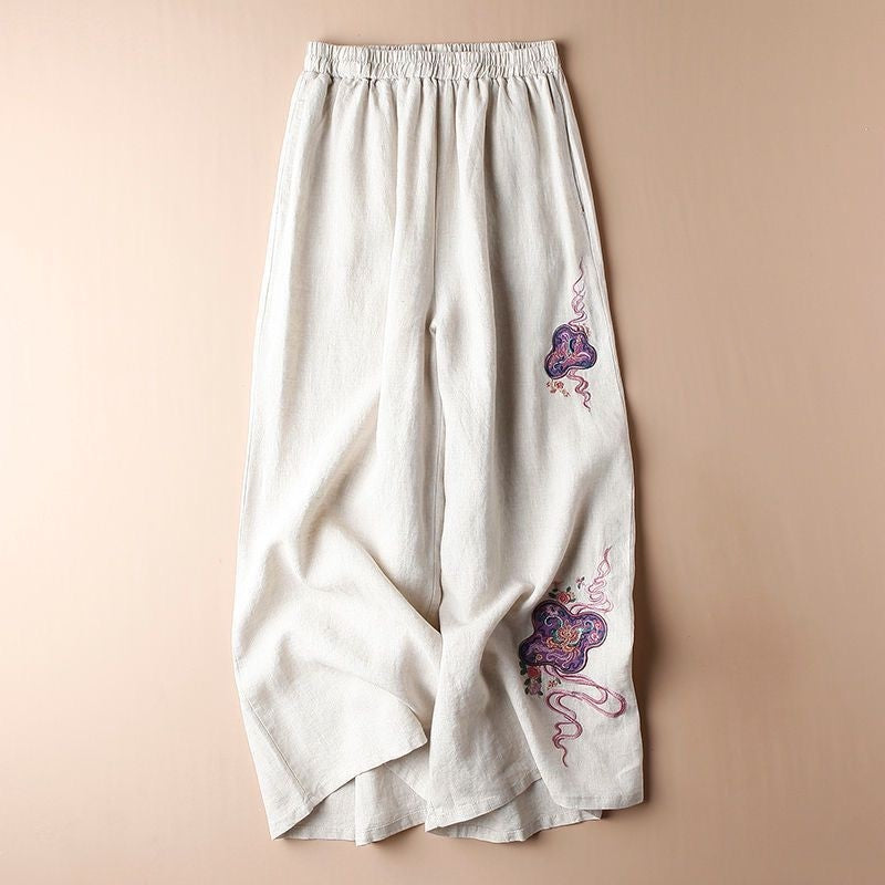 Embroidered Wide-Leg Linen Blend Cropped Pants