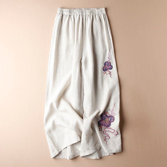 Embroidered Wide-Leg Linen Blend Cropped Pants