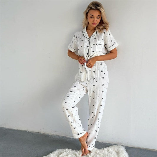 Home Wear Set: Printed Short Sleeve Top with Long Pants