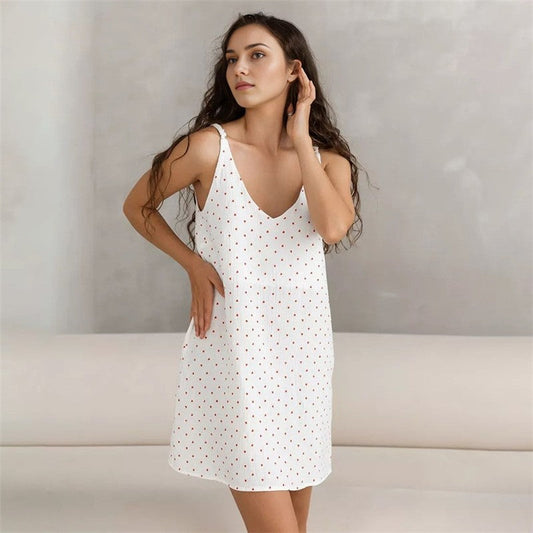 Heart Print White Thin Strap Nightgown
