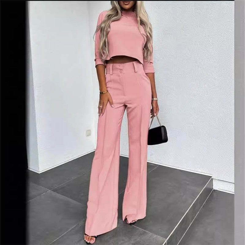 Solid Color Nine-Quarter Sleeve Top and Long Pants Ensemble