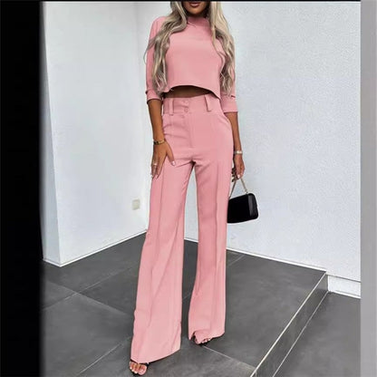 Solid Color Nine-Quarter Sleeve Top and Long Pants Ensemble