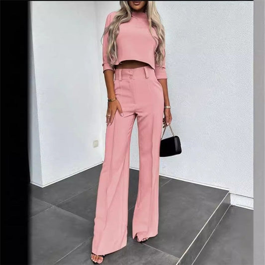 Solid Color Nine-Quarter Sleeve Top and Long Pants Ensemble
