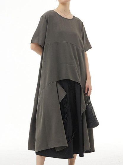 Irregular Clipping Loose Solid Color Round-Neck Midi Dresses