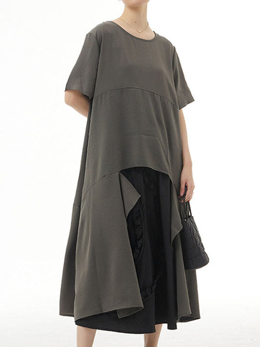 Irregular Clipping Loose Solid Color Round-Neck Midi Dresses