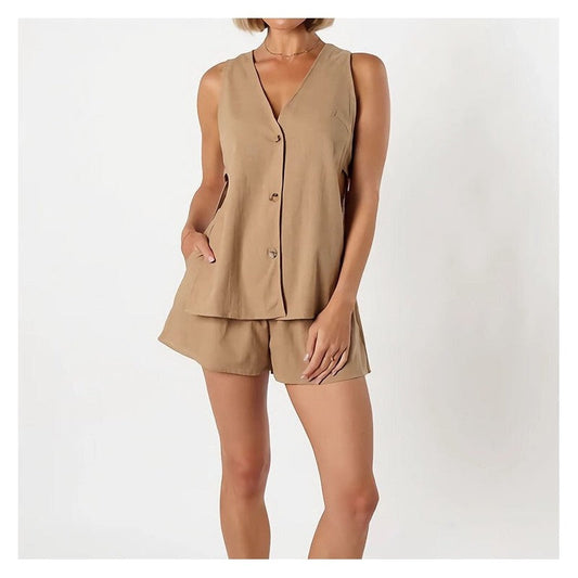 Sleeveless Cotton-Linen Two-Piece Shorts Set