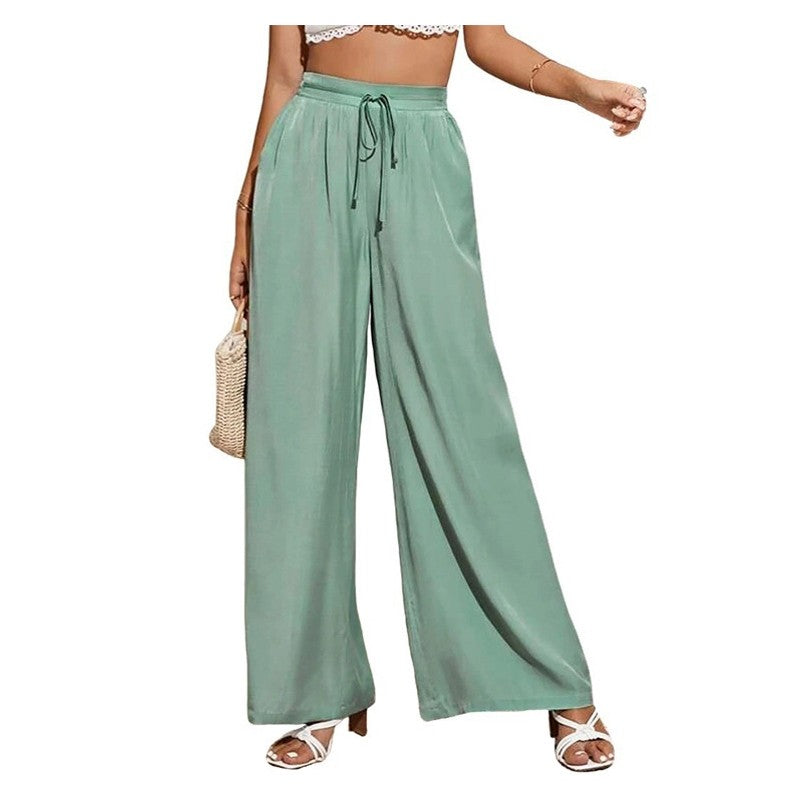 Elevated Solid Color High-Waisted Tie-Up Wide-Leg Trousers