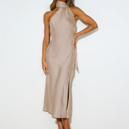 Solid Color Sleeveless  Shawl Collar Backless Satin Maxi Dress