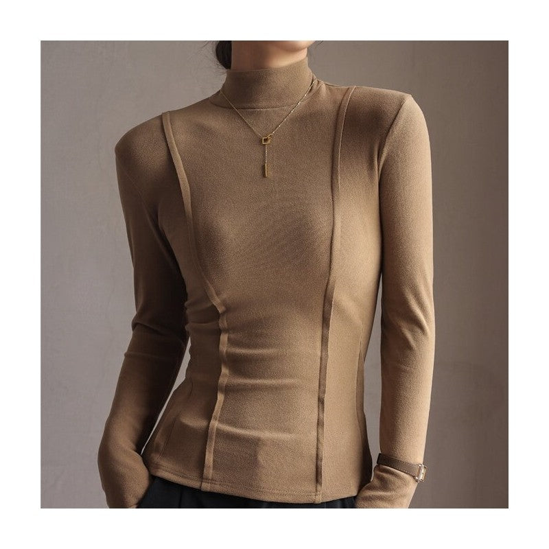 Solid Color Half High Collar Velvet Long Sleeve Top