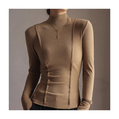Solid Color Half High Collar Velvet Long Sleeve Top