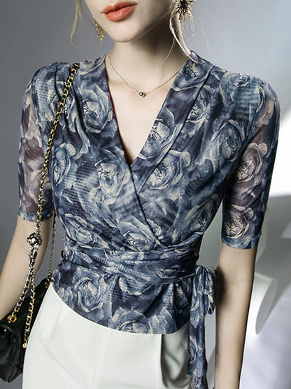 Half Sleeves Plus Size Flower Print Mesh Tied V-Neck Blouses&Shirts Tops