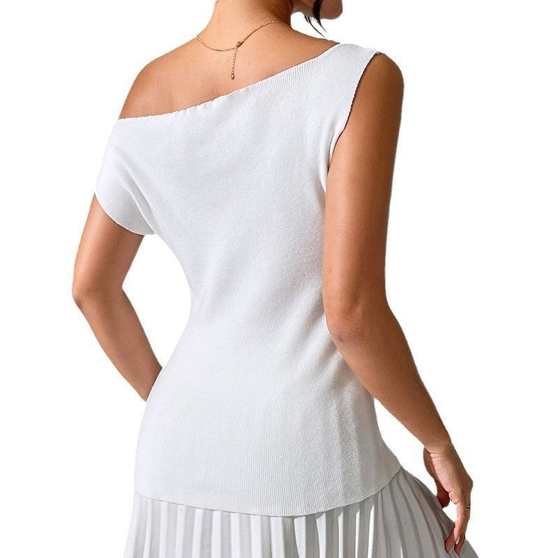 Versatile Solid Color Sleeveless Off Shoulder Knitted Vest