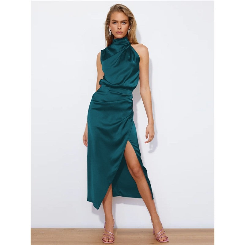 Solid Color Sleeveless High Waisted Slit Satin Maxi Dress