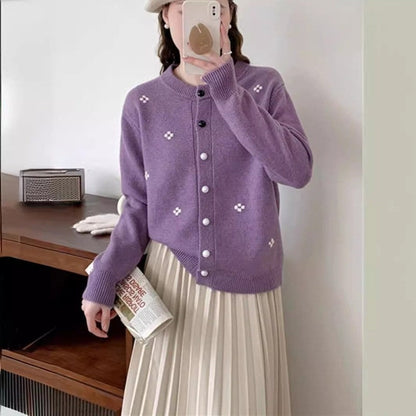 Long Sleeve Crewneck Single Breasted Knitted Cardigan Sweater