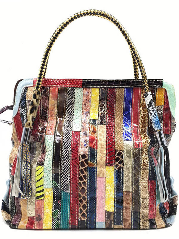 Split-Joint Striped Shoulder Sling Leather Bag
