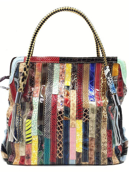 Split-Joint Striped Shoulder Sling Leather Bag