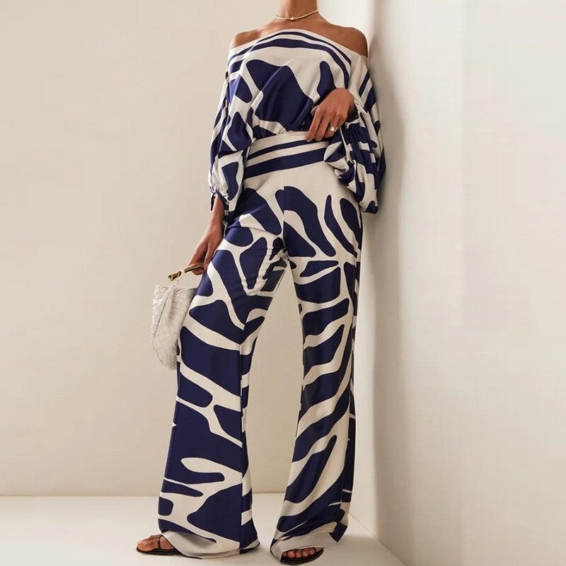 Printed Batwing Sleeve Top with Wide Leg Pants Set