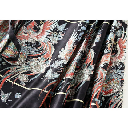 Phoenix Print Pleated Skirt with Chinese Style Waist Tie