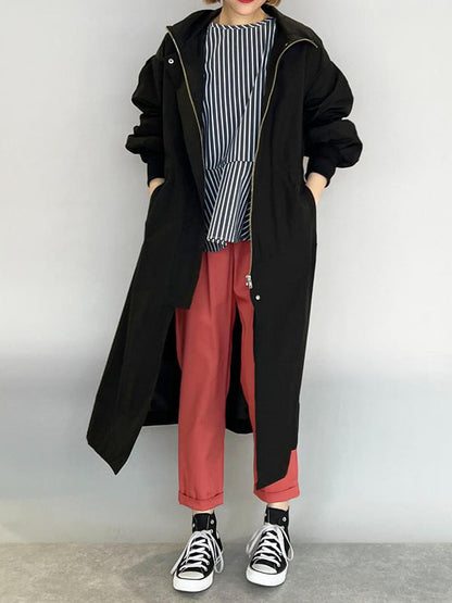 Loose Long Sleeves Drawstring Solid Color Zipper Hooded Trench Coats Outerwear