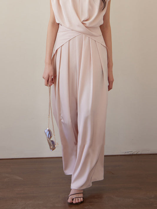 High Waisted Wide Leg Elasticity Pleated Solid Color Pants Trousers