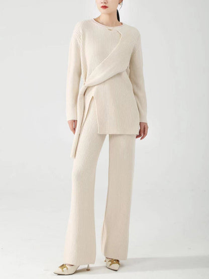 Loose Asymmetric Solid Color Split-Front Round-Neck Long Sleeves Sweater Top   Pants Bottom Two Pieces Set