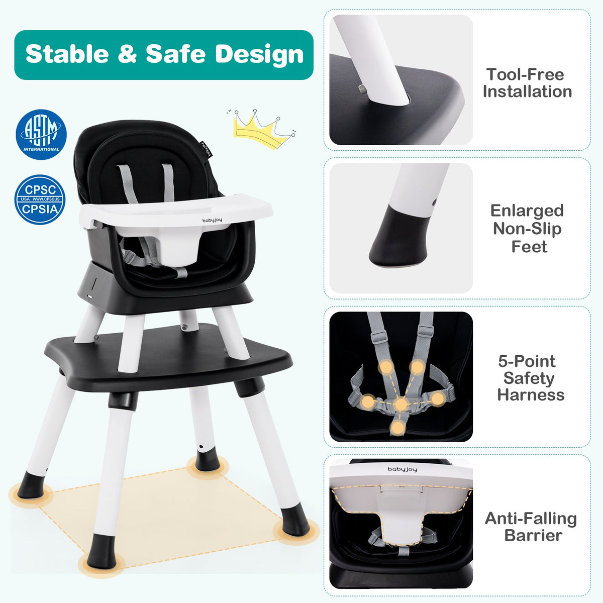 6-in-1 Convertible Baby High Chair with Adjustable Removable Tray