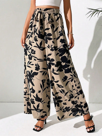 High Waisted Loose Elasticity Flower Print Tied Waist Pants Trousers