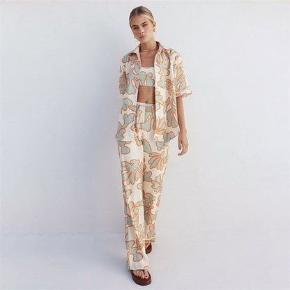 Printed Vest and Open Cardigan Lounge Wear Set with Long Pants