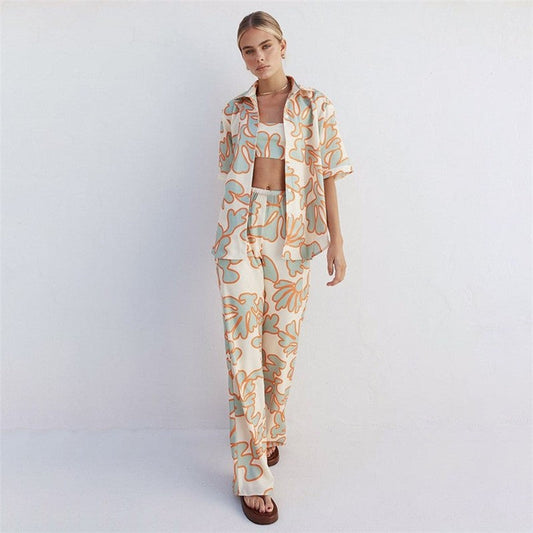 Printed Vest and Open Cardigan Lounge Wear Set with Long Pants