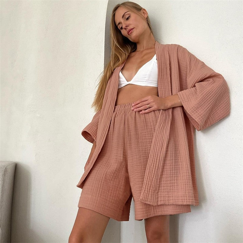 Double Gauze Two-Piece Pajama Set with Five-Quarter Sleeves for Women