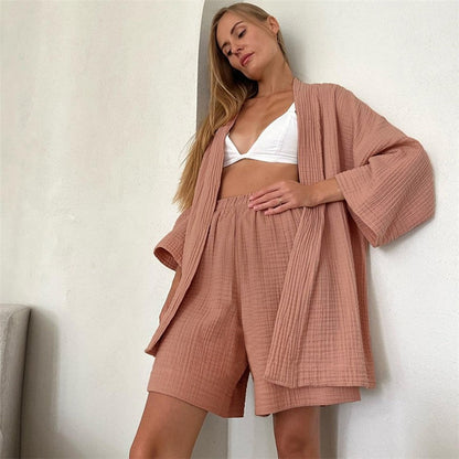 Double Gauze Two-Piece Pajama Set with Five-Quarter Sleeves for Women