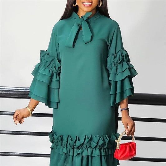 Stylish Ruffle Hem Trumpet Sleeve Dress