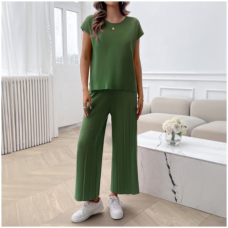 Solid Color Casual Knit Short Sleeve Sweater and Trouser Set