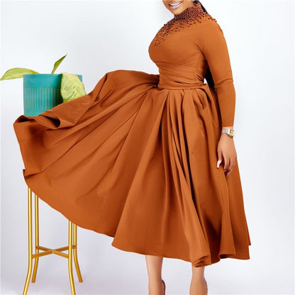 Chic High Neck Beaded Waist Ball Gown Dress for a Flattering Silhouette