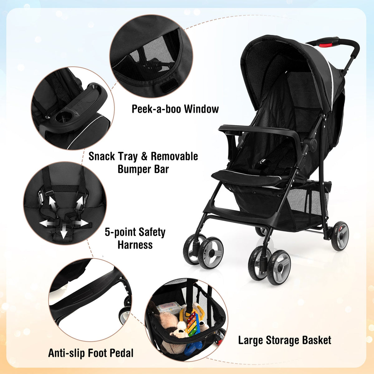 Toddler Travel Stroller for Airplane with Canopy and Adjustable Backrest