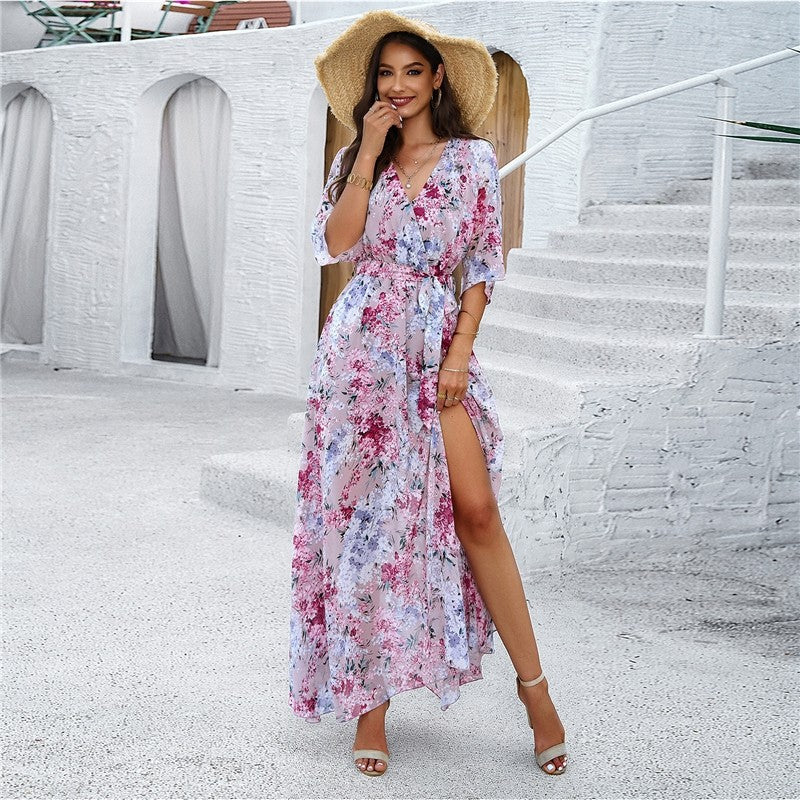 Chic Floral Print Waist Dress