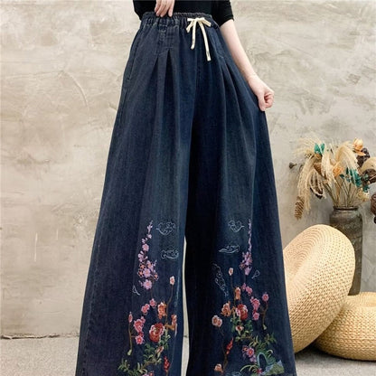 Embroidered High-Waisted Wide-Leg Pants With Tie Waist
