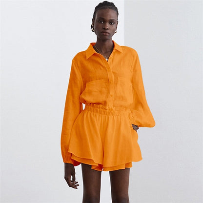 Solid Color Long Sleeve Lapel Single Breasted Blouse and Shorts Set