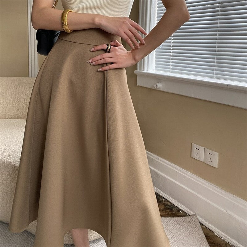 High-Waisted A-Line Midi Skirt in Solid Color