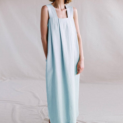 Linen Sleeveless Loose Mandarin-Collar Maxi Dress