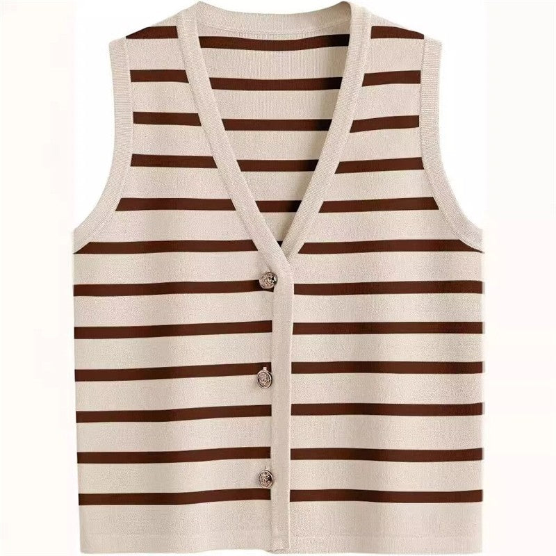Chic Striped Sleeveless Button-Up Cardigan