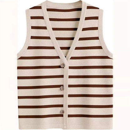 Chic Striped Sleeveless Button-Up Cardigan