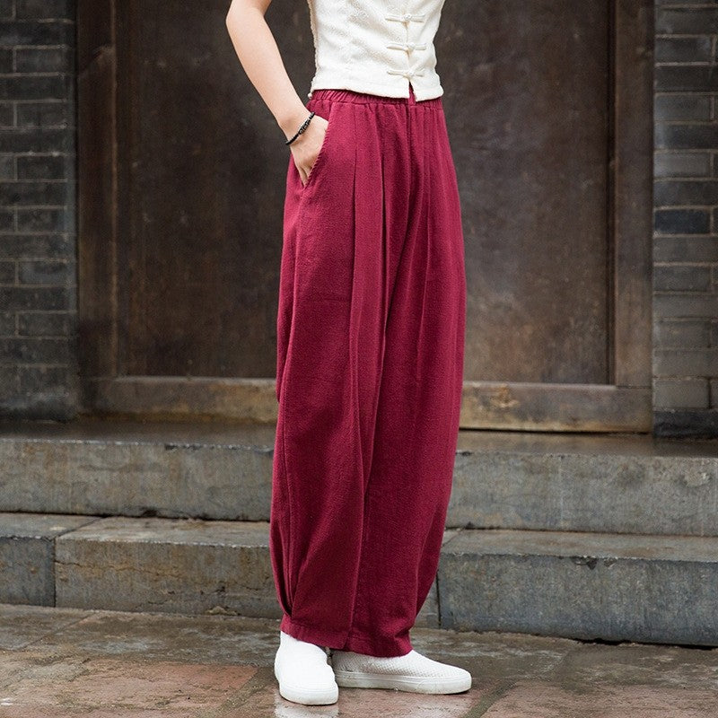 锛歐omen's Cotton And Linen Sand Washed Loose Lantern Pants