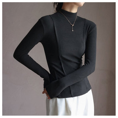 Solid Color Half High Collar Velvet Long Sleeve Top