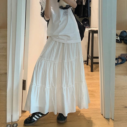 Elegant Solid Color Elastic Waist Pleated A-Line Maxi Skirt