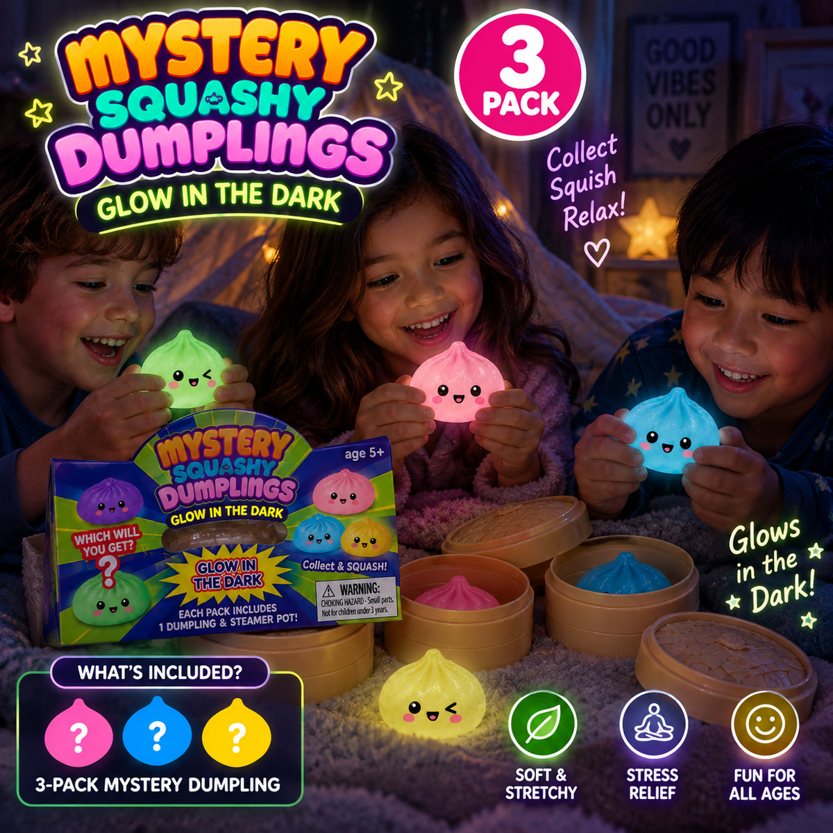 Mystery Squishy Dumplings 3-Pack Mini Glow in the Dark – Soft Squishy Stress Relief Toy | Ages 5+ | Collect Them All