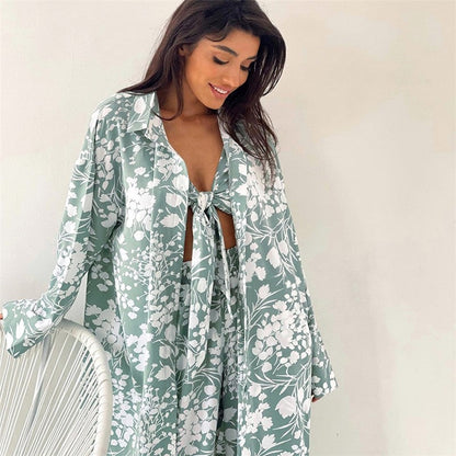 Knotted Bra and Long Sleeve Lapel Blouse with Pants Three-Piece Loungewear Set