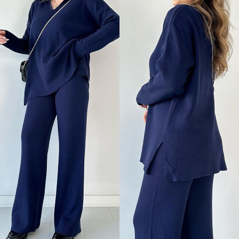 Solid Color Long Sleeve Lapel Top And Pants Knitted Casual Loose Two Pieces Suits